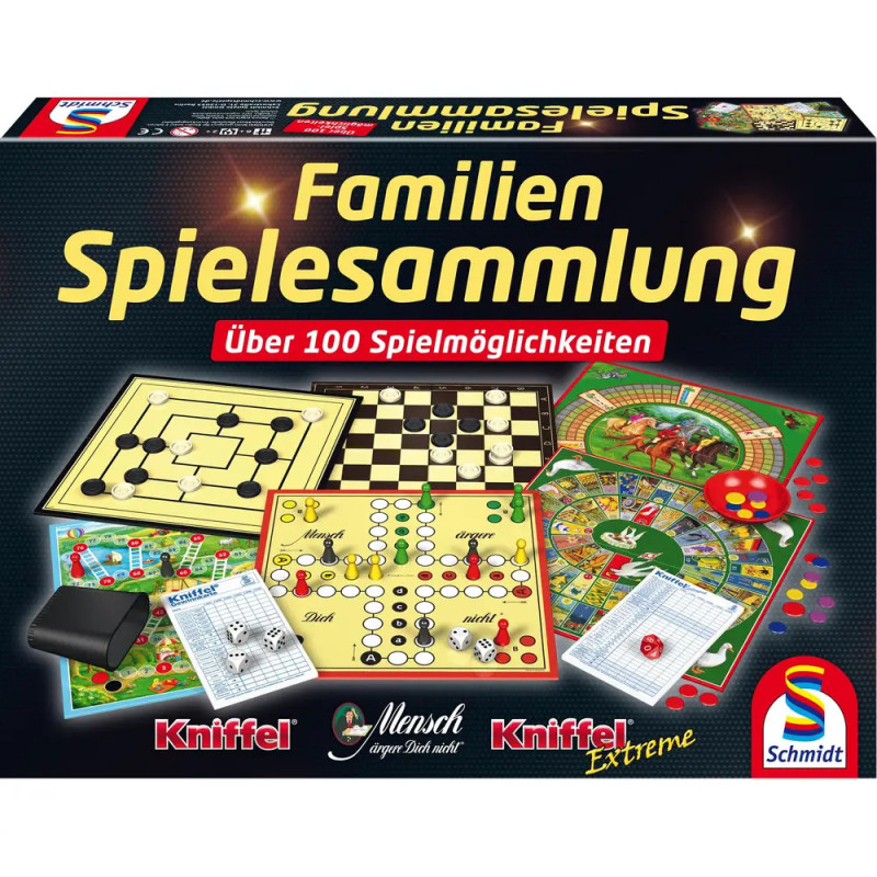 Box mit deutschen Familienspielen, zeigt auf dem Cover bunte Spielbretter und Zubehör. Box mit deutschen Familienspielen, zeigt auf dem Cover bunte Spielbretter und Zubehör.