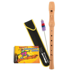 Blockflöte mit schwarzem Etui, Reinigungsstab und bebilderter Anleitung für Einsteiger.