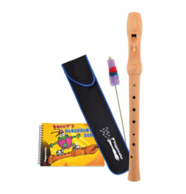 Blockflöten-Set mit Etui, Reinigungsstab und farbigem Anfänger-Notizbuch mit Comicfigur.