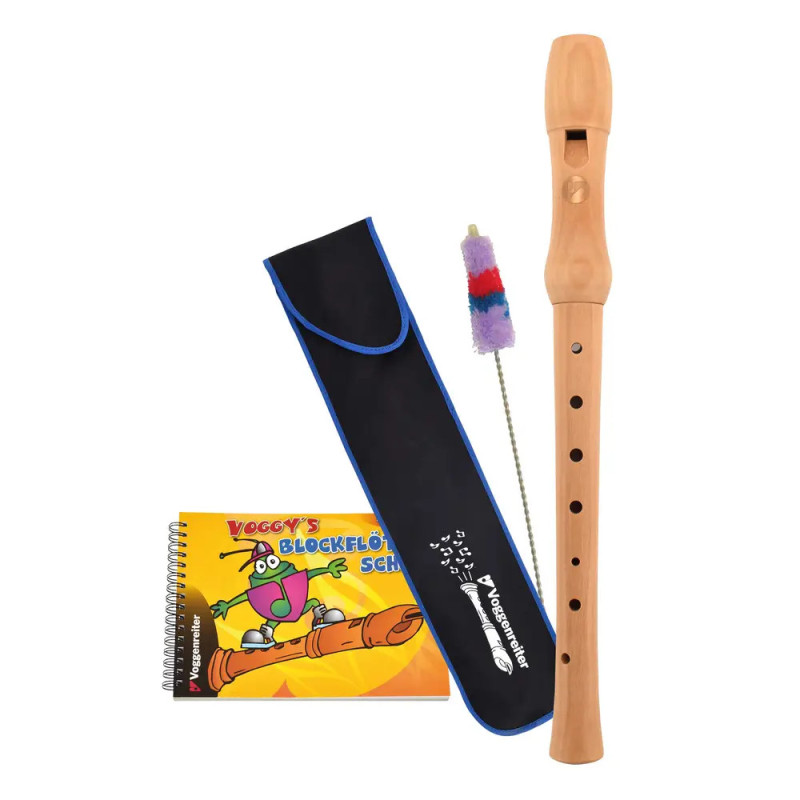 Blockflöten-Set mit Etui, Reinigungsstab und farbigem Anfänger-Notizbuch mit Comicfigur.