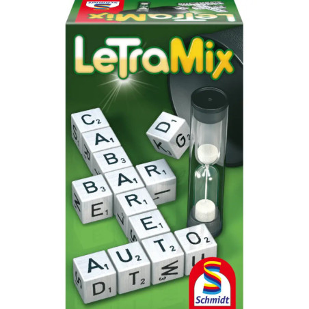 LeTraMix-Spielschachtel mit Buchstabenwürfeln, Sanduhr und dem Schmidt-Logo unten.