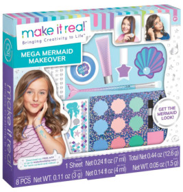 Make It Real Mega Mermaid Makeover Set mit Schminkpalette, Pinseln und Zubehör in Pastellfarben.