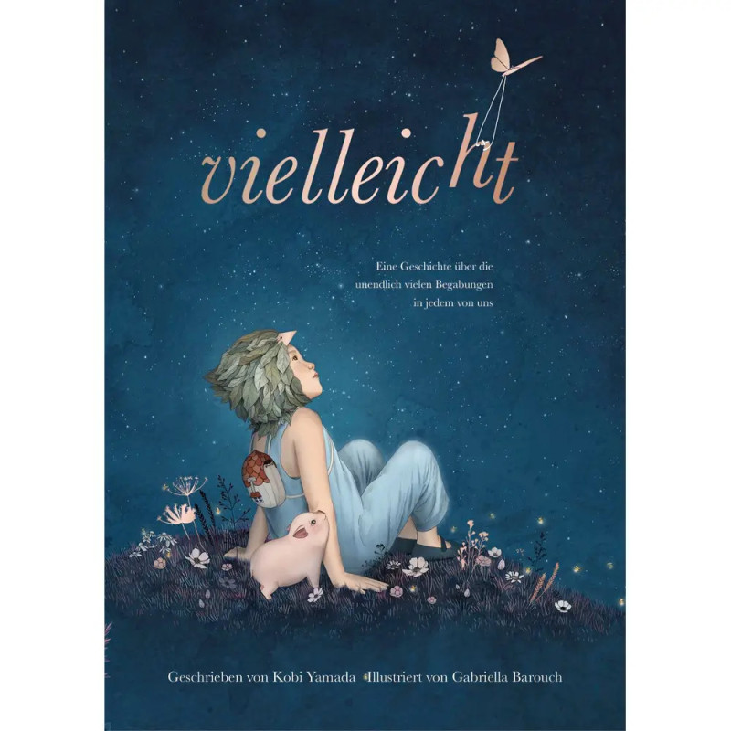 Ein Mädchen in Blau sitzt neben einem rosa Ferkel im Gras und blickt nachts zu fliegenden Pusteblumen auf.
