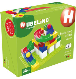 Grüne Hubelino-Murmelbahn Mini-Box mit bunten Bausteinen und Murmeln, empfohlen ab 4 Jahren.
