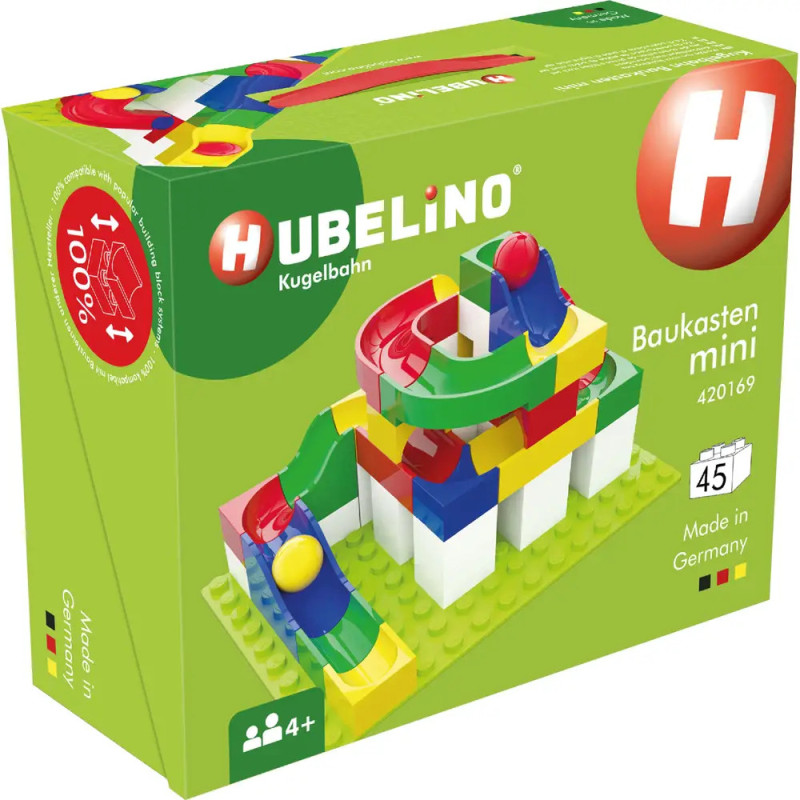 Grüne Hubelino-Murmelbahn Mini-Box mit bunten Bausteinen und Murmeln, empfohlen ab 4 Jahren. Grüne Hubelino-Murmelbahn Mini-Box mit bunten Bausteinen und Murmeln, empfohlen ab 4 Jahren.