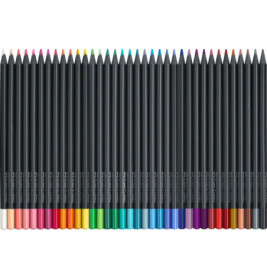 30 angespitzte Buntstifte mit schwarzen Schäften und farbigen Spitzen sind farblich sortiert nebeneinander angeordnet.