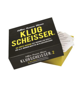Schwarz-gelbe Klugscheisser-Quizbox mit teilweise sichtbaren Karten, deutscher Text auf der Verpackung.