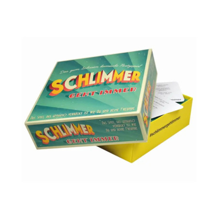 Gelbe Box des Spiels Schlimmer geht immer, im offenen Deckel sind teils Karten sichtbar. Gelbe Box des Spiels Schlimmer geht immer, im offenen Deckel sind teils Karten sichtbar.