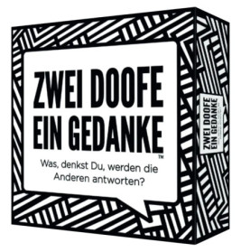 Schwarz-weiße Spielebox mit dem Text Zwei Doofe Ein Gedanke und einer Sprechblasengrafik.