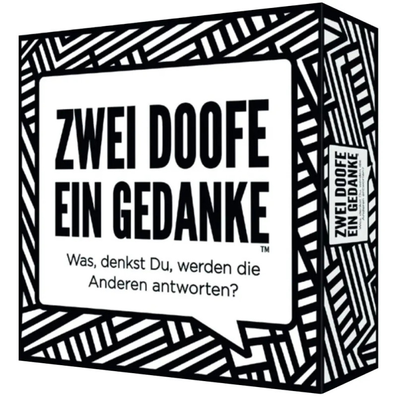 Schwarz-weiße Spielebox mit dem Text Zwei Doofe Ein Gedanke und einer Sprechblasengrafik.
