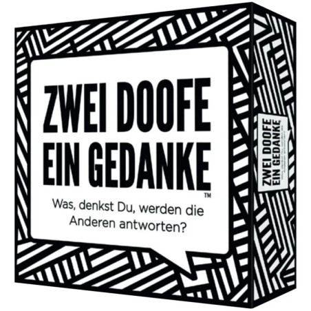 Schwarz-weiße Spielebox mit dem Text Zwei Doofe Ein Gedanke und einer Sprechblasengrafik.