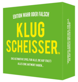 Grüne Spielbox mit gelber Aufschrift KLUG SCHEISSER, deutsches Quiz, Edition Wahr oder Falsch.