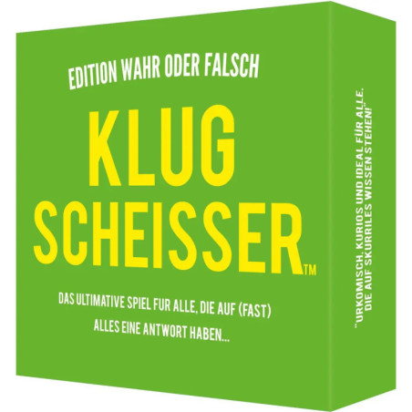 Grüne Spielbox mit gelber Aufschrift KLUG SCHEISSER, deutsches Quiz, Edition Wahr oder Falsch.