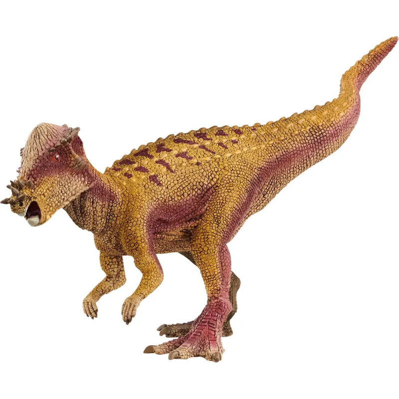 Gelbe und rote Dinosaurierfigur mit Buckelrücken und Kuppelkopf, ähnlich einem Pachycephalosaurus. Gelbe und rote Dinosaurierfigur mit Buckelrücken und Kuppelkopf, ähnlich einem Pachycephalosaurus.