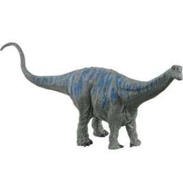 Graue Dinosaurier-Spielzeugfigur mit blauen Streifen sowie langem Hals und Schwanz.