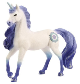 Weiß-lila Spielzeug-Einhorn mit blauer Mähne, Schweif und Horn sowie Blumenmotiv an der Hüfte.