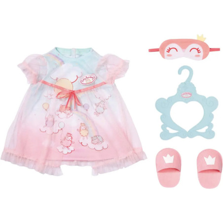 Pastellfarbenes Pyjama-Set mit Nachthemd, Schlafmaske, rosa Hausschuhen und blauem Bügel mit Herz-Ausschnitt. Pastellfarbenes Pyjama-Set mit Nachthemd, Schlafmaske, rosa Hausschuhen und blauem Bügel mit Herz-Ausschnitt.