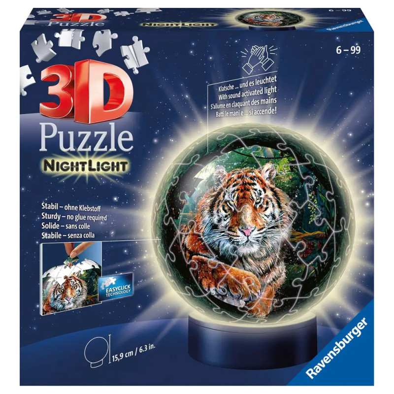3D-Puzzle-Nachtlichtbox mit leuchtendem Tiger auf einem Ständer, von Ravensburger. 3D-Puzzle-Nachtlichtbox mit leuchtendem Tiger auf einem Ständer, von Ravensburger.