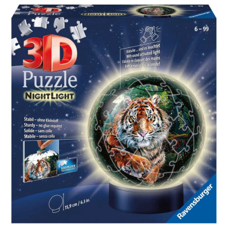 3D-Puzzle-Nachtlichtbox mit leuchtendem Tiger auf einem Ständer, von Ravensburger. 3D-Puzzle-Nachtlichtbox mit leuchtendem Tiger auf einem Ständer, von Ravensburger.