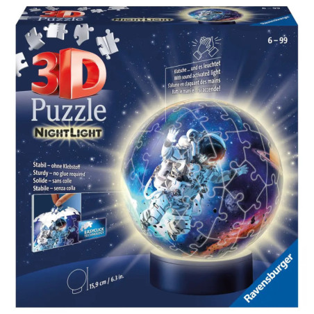 3D-Puzzle-Nachtlicht von Ravensburger: Astronaut im All auf leuchtendem, kugelförmigem Puzzle.