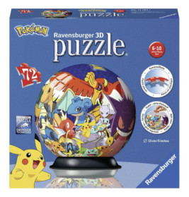 Box mit 72-teiligem 3D-Pokémon-Puzzle von Ravensburger zeigt verschiedene Pokémon auf kugelförmigem Puzzle.