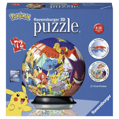 Box mit 72-teiligem 3D-Pokémon-Puzzle von Ravensburger zeigt verschiedene Pokémon auf kugelförmigem Puzzle. Box mit 72-teiligem 3D-Pokémon-Puzzle von Ravensburger zeigt verschiedene Pokémon auf kugelförmigem Puzzle.