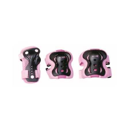 Drei rosa-schwarze Schutzpolster für Handgelenke, Ellbogen und Knie liegen nebeneinander auf weißem Hintergrund.