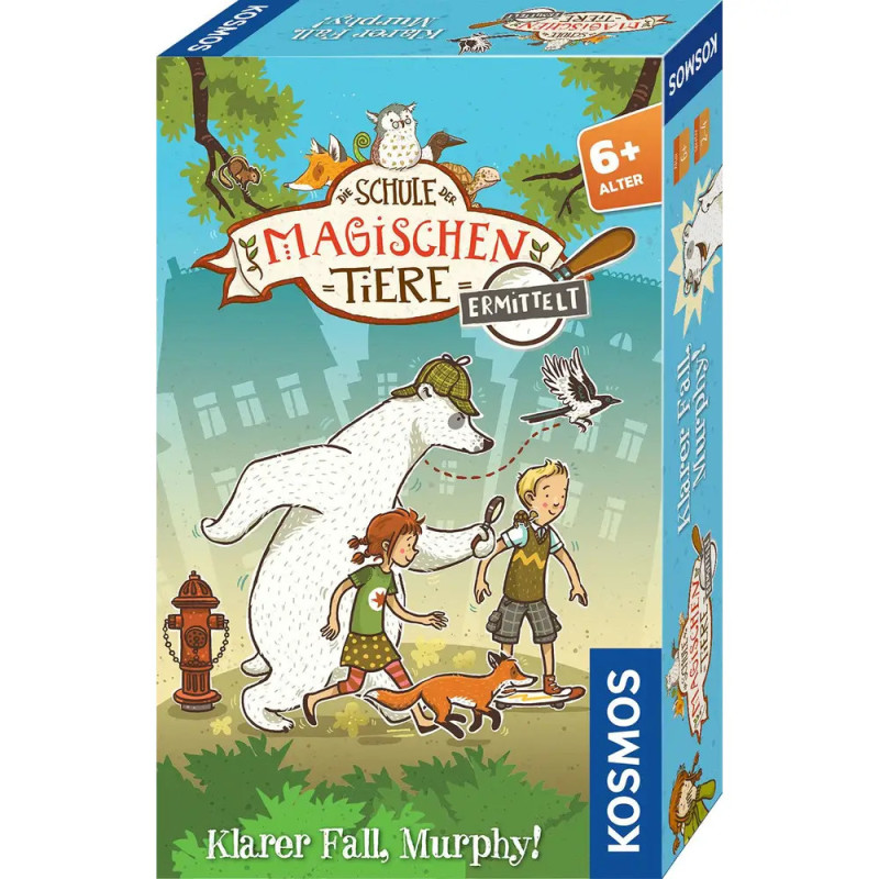 Box des Spiels Schule der magischen Tiere ermittelt mit Kindern und sprechenden Tieren auf buntem Cover.