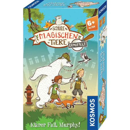 Box des Spiels Schule der magischen Tiere ermittelt mit Kindern und sprechenden Tieren auf buntem Cover.