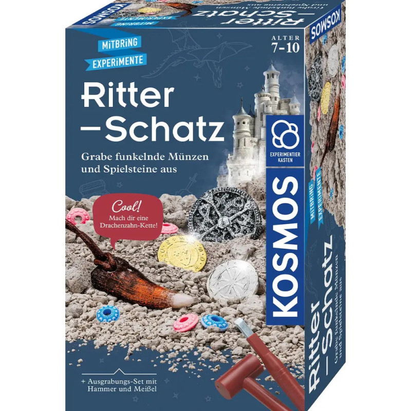 Kosmos Ritter-Schatz Ausgrabungsset mit Münzen, Edelsteinen und Ausgrabungswerkzeugen auf der Verpackung. Kosmos Ritter-Schatz Ausgrabungsset mit Münzen, Edelsteinen und Ausgrabungswerkzeugen auf der Verpackung.