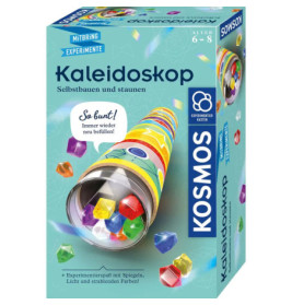 Bunte Kosmos Kaleidoskop-Bastelbox mit Edelsteinen und deutscher Aufschrift, geeignet für Kinder von 6-8 Jahren.