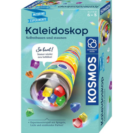 Bunte Kosmos Kaleidoskop-Bastelbox mit Edelsteinen und deutscher Aufschrift, geeignet für Kinder von 6-8 Jahren.