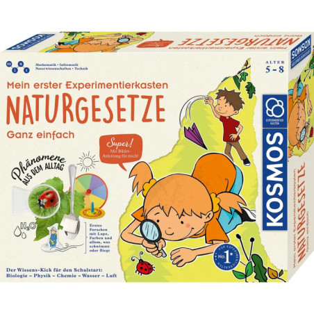 Bunter Experimentierkasten Naturgesetze für Kinder von 5-8 Jahren mit verspielten Illustrationen.