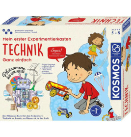 Box eines Wissenschafts-Kits für Kinder (5-8 Jahre) mit Junge, Spielzeugauto, Roboter und Wissenschaftssymbolen.