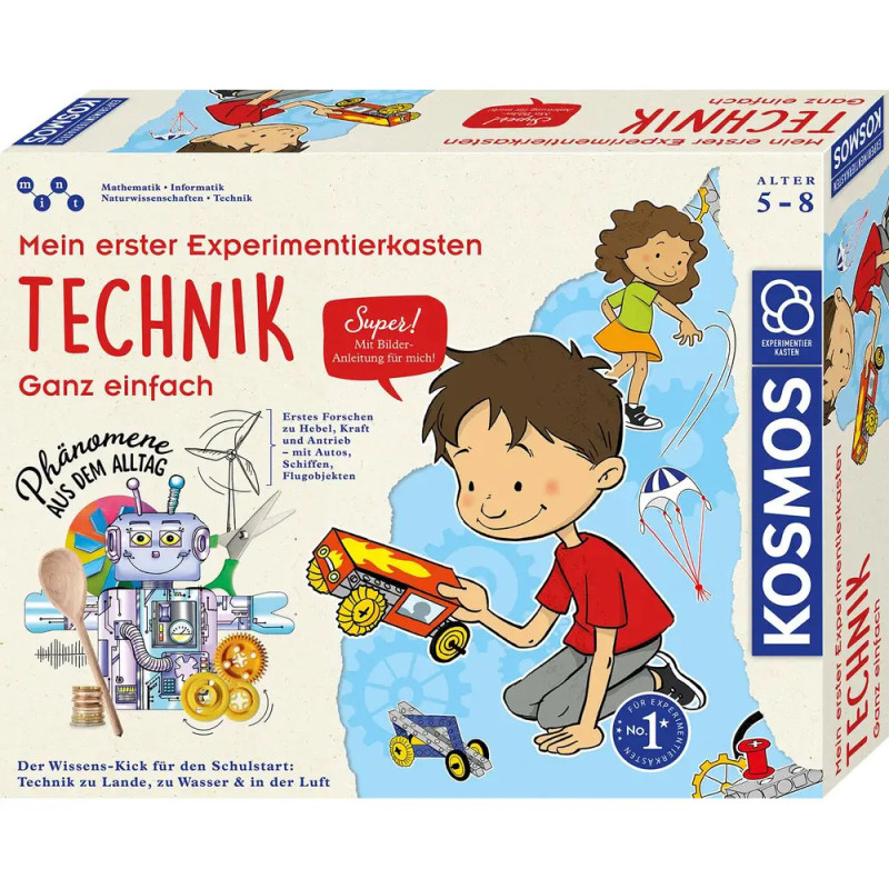 Box eines Wissenschafts-Kits für Kinder (5-8 Jahre) mit Junge, Spielzeugauto, Roboter und Wissenschaftssymbolen. Box eines Wissenschafts-Kits für Kinder (5-8 Jahre) mit Junge, Spielzeugauto, Roboter und Wissenschaftssymbolen.