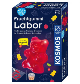 Fruchtgummi-Labor-Box mit großem roten Gummibär auf der Vorderseite und Fruchtmotiven.