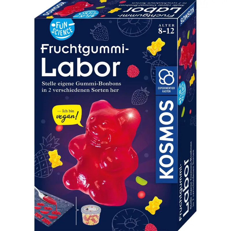 Fruchtgummi-Labor-Box mit großem roten Gummibär auf der Vorderseite und Fruchtmotiven. Fruchtgummi-Labor-Box mit großem roten Gummibär auf der Vorderseite und Fruchtmotiven.
