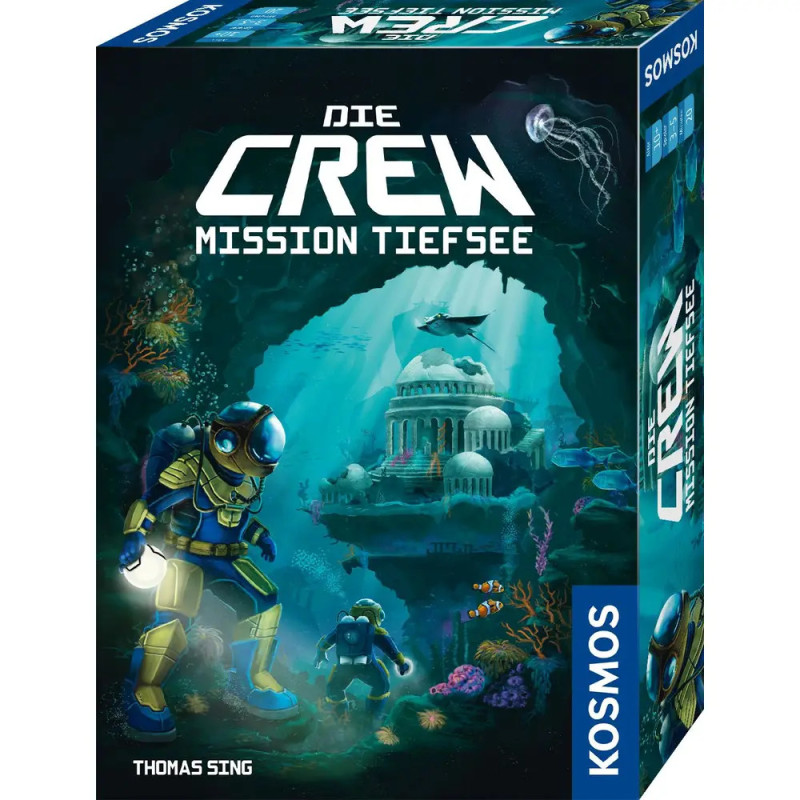 Box von Die Crew: Mission Tiefsee mit Tauchern, Meeresbewohnern und einer Unterwasserstadt. Box von Die Crew: Mission Tiefsee mit Tauchern, Meeresbewohnern und einer Unterwasserstadt.