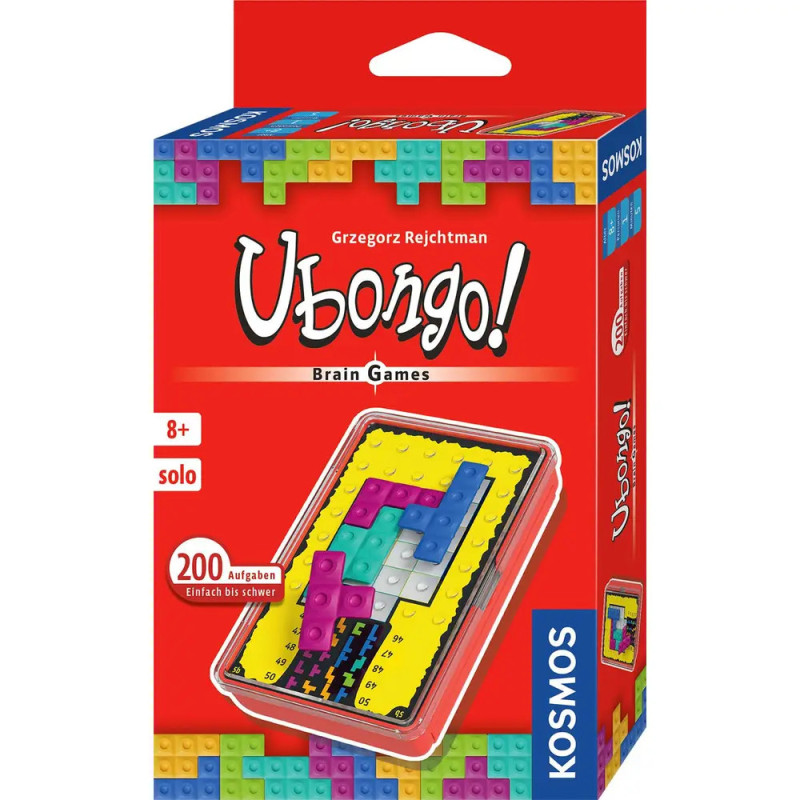 Rote Ubongo! Brain Games-Box mit bunten Tetris-Steinen, empfohlen ab 8 Jahren. Rote Ubongo! Brain Games-Box mit bunten Tetris-Steinen, empfohlen ab 8 Jahren.