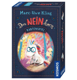 Bunte Spielkartenbox mit grimmischem Einhorn, Titel Das Neinhorn, von Marc-Uwe Kling, Verlag KOSMOS.