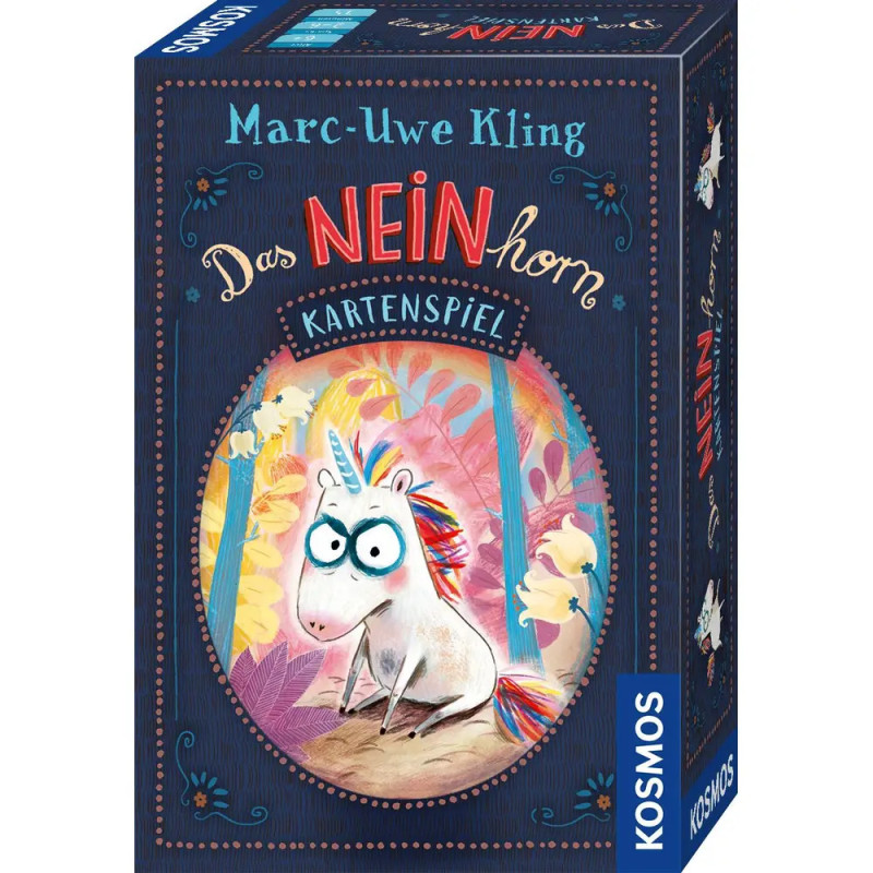 Bunte Spielkartenbox mit grimmischem Einhorn, Titel Das Neinhorn, von Marc-Uwe Kling, Verlag KOSMOS. Bunte Spielkartenbox mit grimmischem Einhorn, Titel Das Neinhorn, von Marc-Uwe Kling, Verlag KOSMOS.