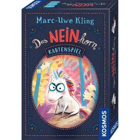 Bunte Spielkartenbox mit grimmischem Einhorn, Titel Das Neinhorn, von Marc-Uwe Kling, Verlag KOSMOS. Bunte Spielkartenbox mit grimmischem Einhorn, Titel Das Neinhorn, von Marc-Uwe Kling, Verlag KOSMOS.
