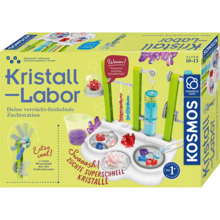 Kristall-Labor Experimentierkasten mit bunten Kristallen und Laborausrüstung auf der Vorderseite abgebildet. Kristall-Labor Experimentierkasten mit bunten Kristallen und Laborausrüstung auf der Vorderseite abgebildet.