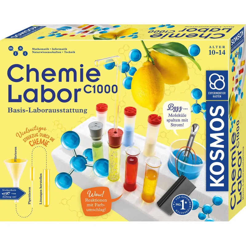 Bunte Chemie-Laborbox Chemie Labor C1000 mit Reagenzgläsern, Zitronen und Molekülmodellen. Bunte Chemie-Laborbox Chemie Labor C1000 mit Reagenzgläsern, Zitronen und Molekülmodellen.