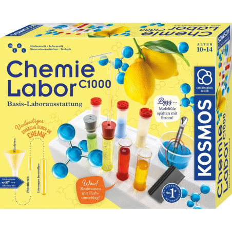 Bunte Chemie-Laborbox Chemie Labor C1000 mit Reagenzgläsern, Zitronen und Molekülmodellen.