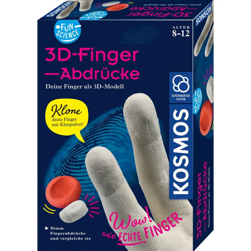 Box eines 3D-Fingerabdruck-Sets für 8-12-Jährige mit realistischen Fingermodellen und deutscher Beschriftung. Box eines 3D-Fingerabdruck-Sets für 8-12-Jährige mit realistischen Fingermodellen und deutscher Beschriftung.