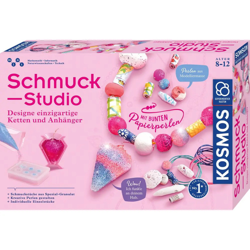 Schmuckset Kosmos Studio: bunte Perlen, Kette, Verpackung mit deutschem Text für Kinder von 8-12 Jahren.