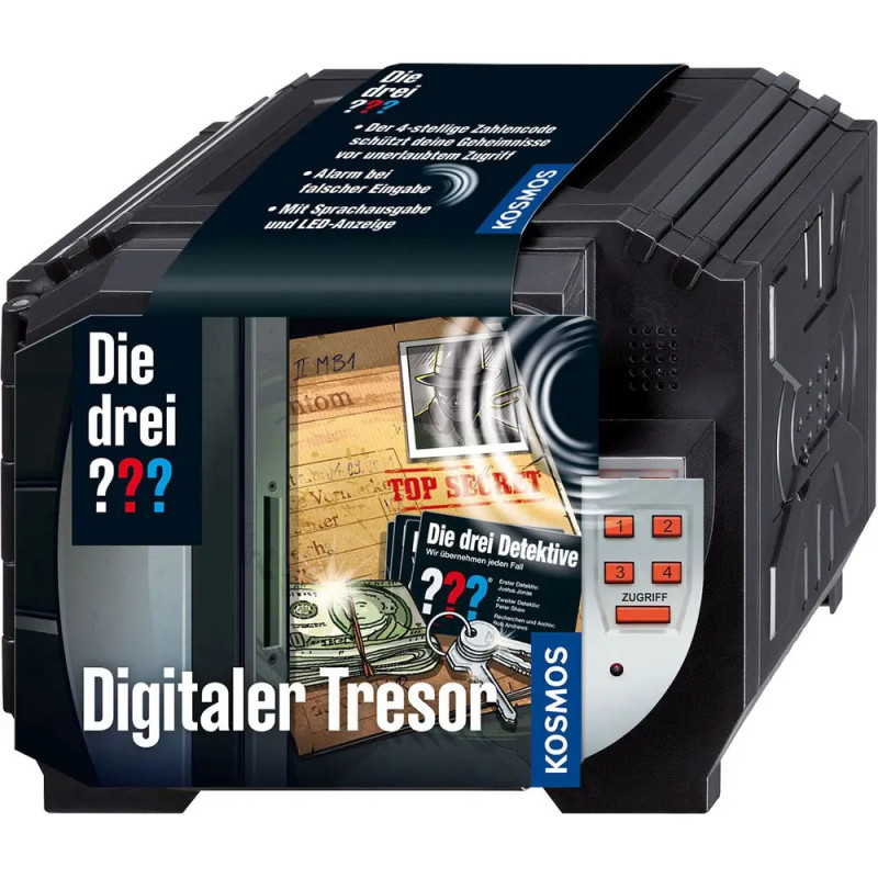 Schwarzer digitaler Tresor-Spielzeug mit Tastenfeld, Geheimdokumenten und Die drei ??? Digitaler Tresor-Aufdruck. Schwarzer digitaler Tresor-Spielzeug mit Tastenfeld, Geheimdokumenten und Die drei ??? Digitaler Tresor-Aufdruck.