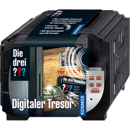 Schwarzer digitaler Tresor-Spielzeug mit Tastenfeld, Geheimdokumenten und Die drei ??? Digitaler Tresor-Aufdruck. Schwarzer digitaler Tresor-Spielzeug mit Tastenfeld, Geheimdokumenten und Die drei ??? Digitaler Tresor-Aufdruck.