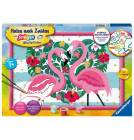 Malset-Box mit zwei rosa Flamingos, Farbtöpfchen und buntem Hintergrund.